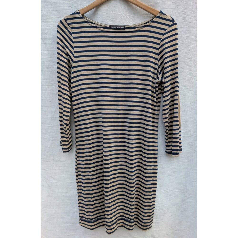 Happening In The Present Women's Striped Shift‎ Dress Tunic Sz Large Elbow Patch